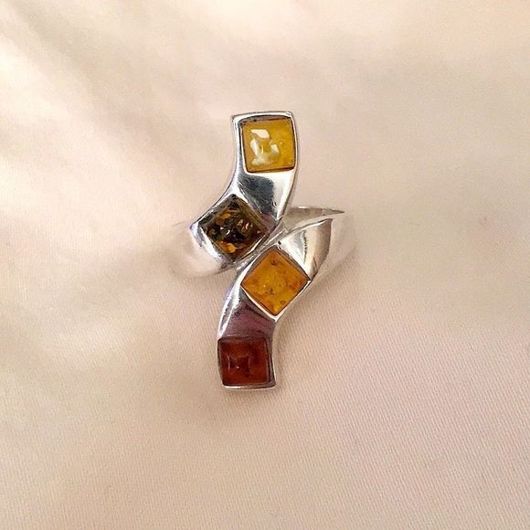 VINTAGE Amber Sterling Silver Bypass Ring Sz 9-1/2 - Picture 8 of 9